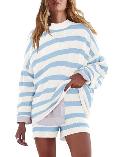 LAMISSCHE Womens Oversized Lounge Sets 2 Piece Outfits Striped Matching Pajama Set Long Sleeve Sw... | Amazon (US)