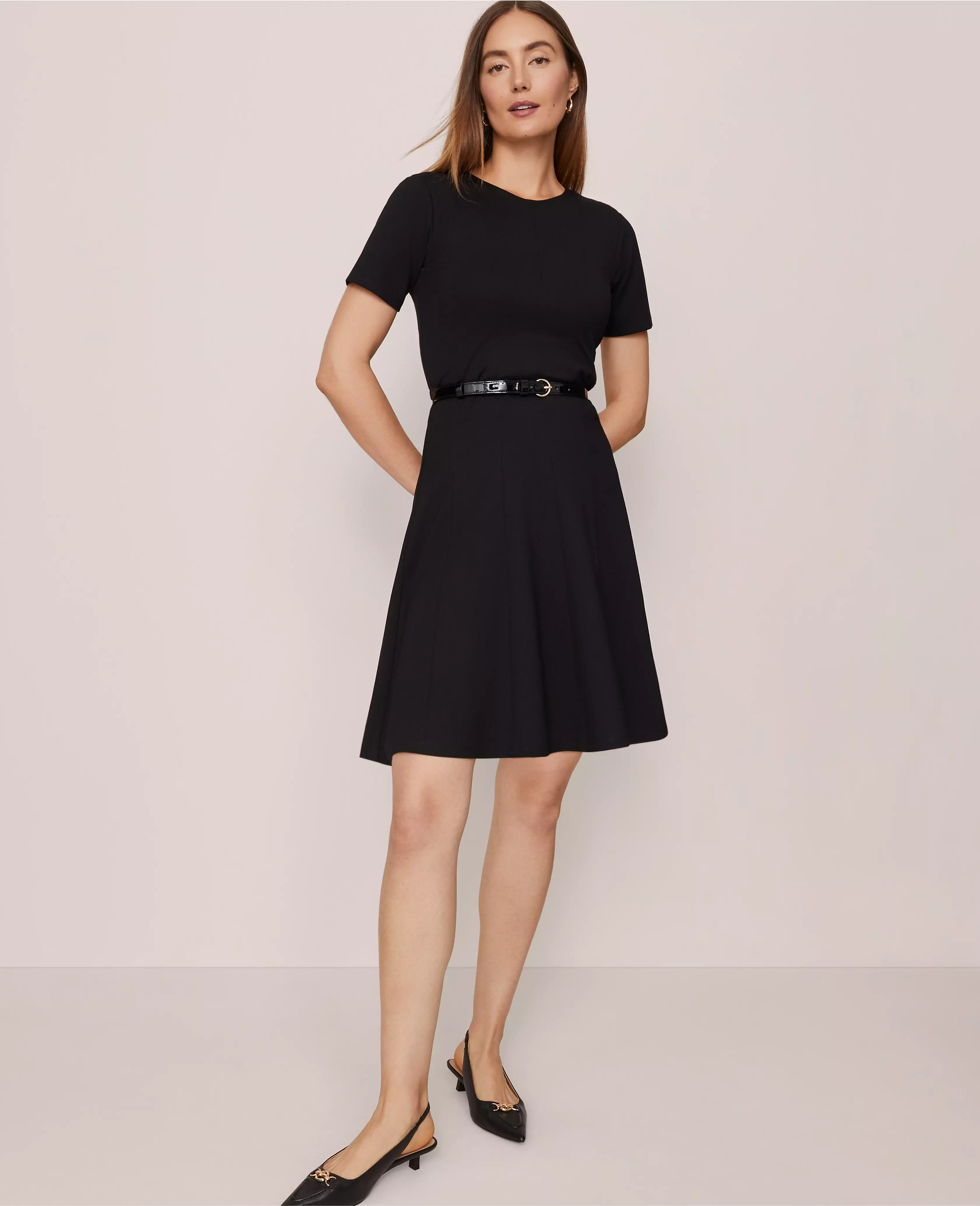 Crew Neck Belted Flare Dress | Ann Taylor