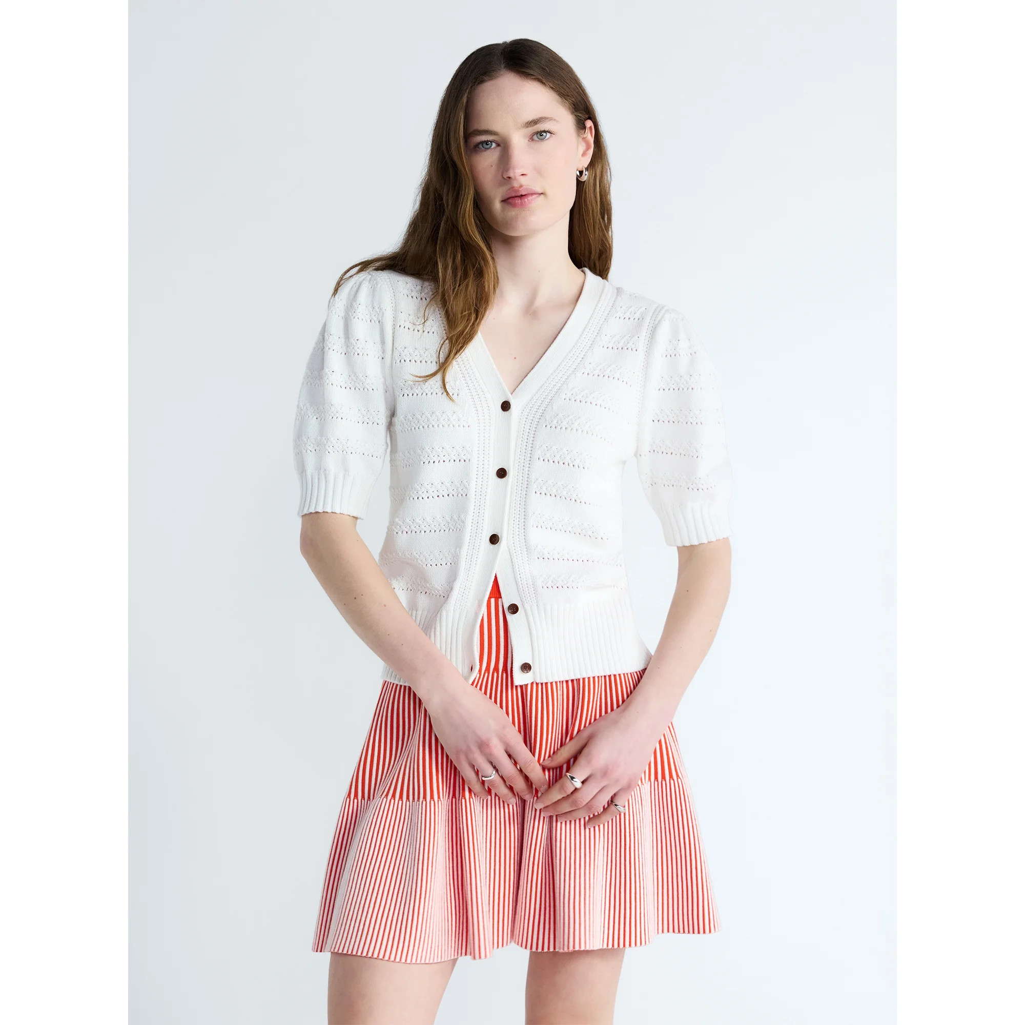 Free Assembly's Women's Cotton Crochet Cardigan Sweater with Puff Sleeves, Sizes XS-4X | Walmart (US)