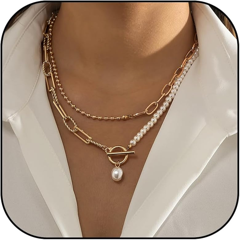 Pearl Necklaces for Women Chunky Gold Necklace Trendy Silver Layered Necklaces Paperclip Chain Ne... | Amazon (US)