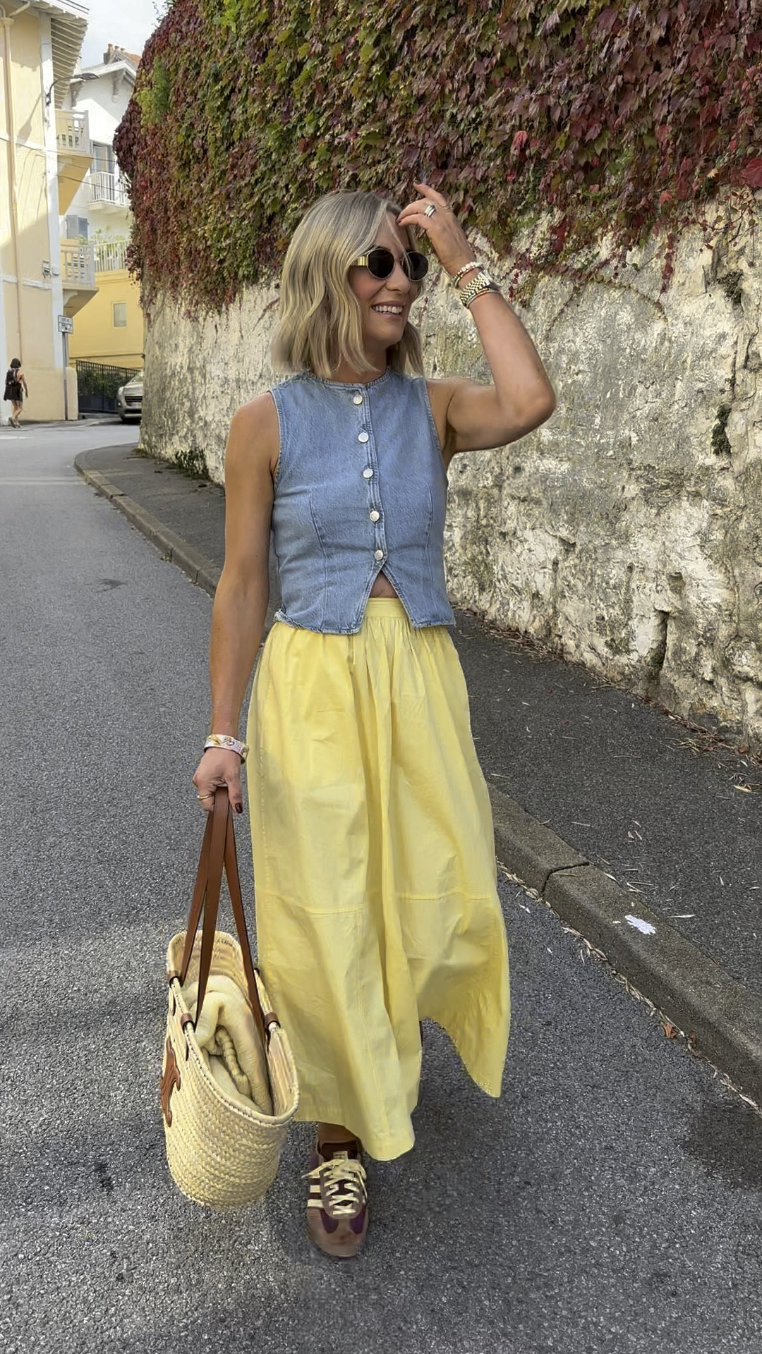 Weekend in Biarritz is good for the soul 🇫🇷🍋🌊🦞 #waistcoat #denimwaistcoat #adidas #adidasgazelle #maroonadidas #fullskirt #midiskirt 

#LTKeurope #LTKireland #LTKtravel