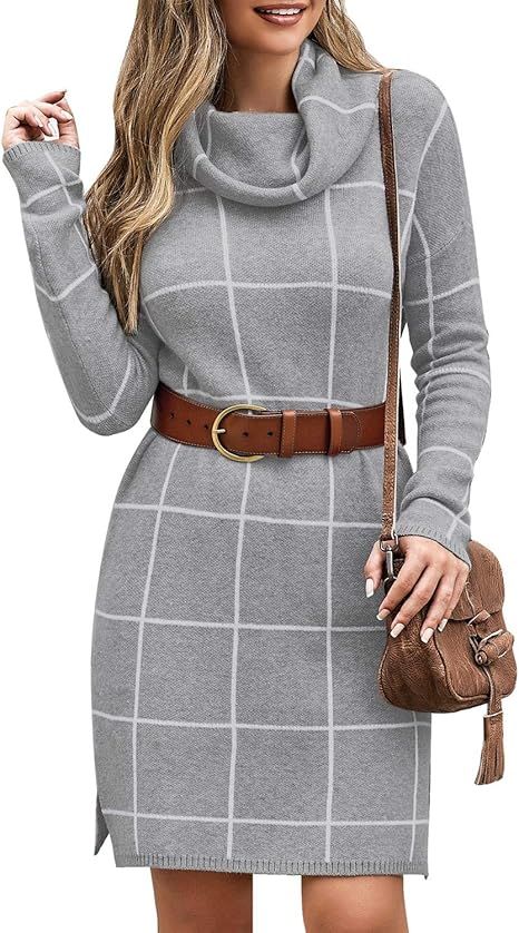 luvamia Women's Casual Turtleneck Knitted Sweater Long Sleeves Grid Warm Comfy Pullover Sweater D... | Amazon (US)