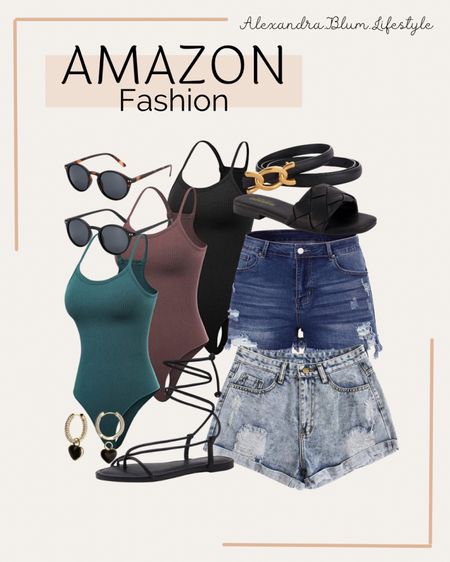 Amazon fashion! Jean shorts, 3 pack tank top bodysuit, black sunglasses, black sunglasses, black earrings, black belts summer outfits! Amazon finds! 

#LTKshoecrush #LTKunder100 #LTKunder50