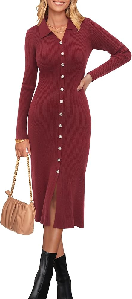 Newshows Womens Fall Sweater Dress 2024 Long Sleeve Oufits Trendy Bodycon Split V Neck Ribbed Kni... | Amazon (US)