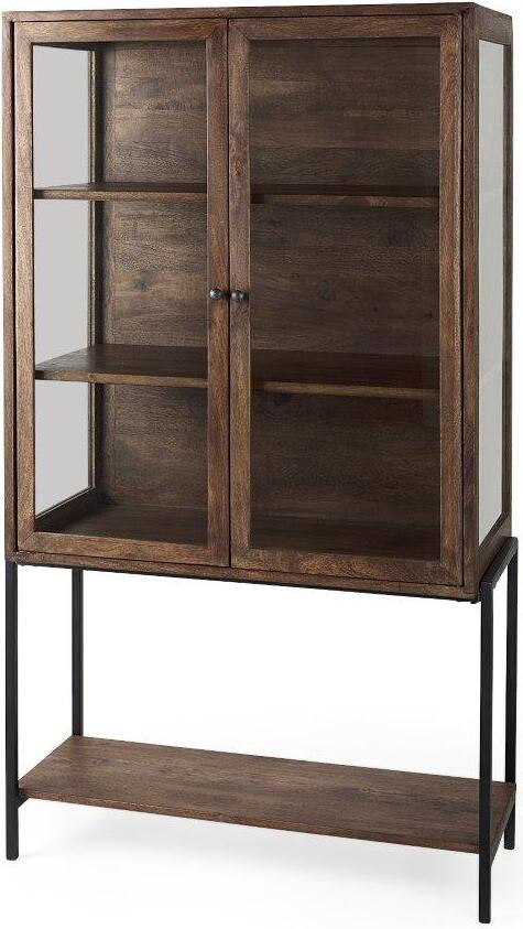 Arelius Medium Brown Wood With Black Metal Base Display Cabinet | 1stopbedrooms