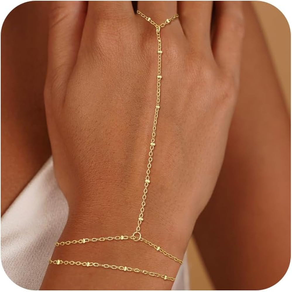 Gold Bracelets for Women Trendy, Dainty Gold Hand Chain Bracelet Stack 14k Gold Plated Finger Rin... | Amazon (US)