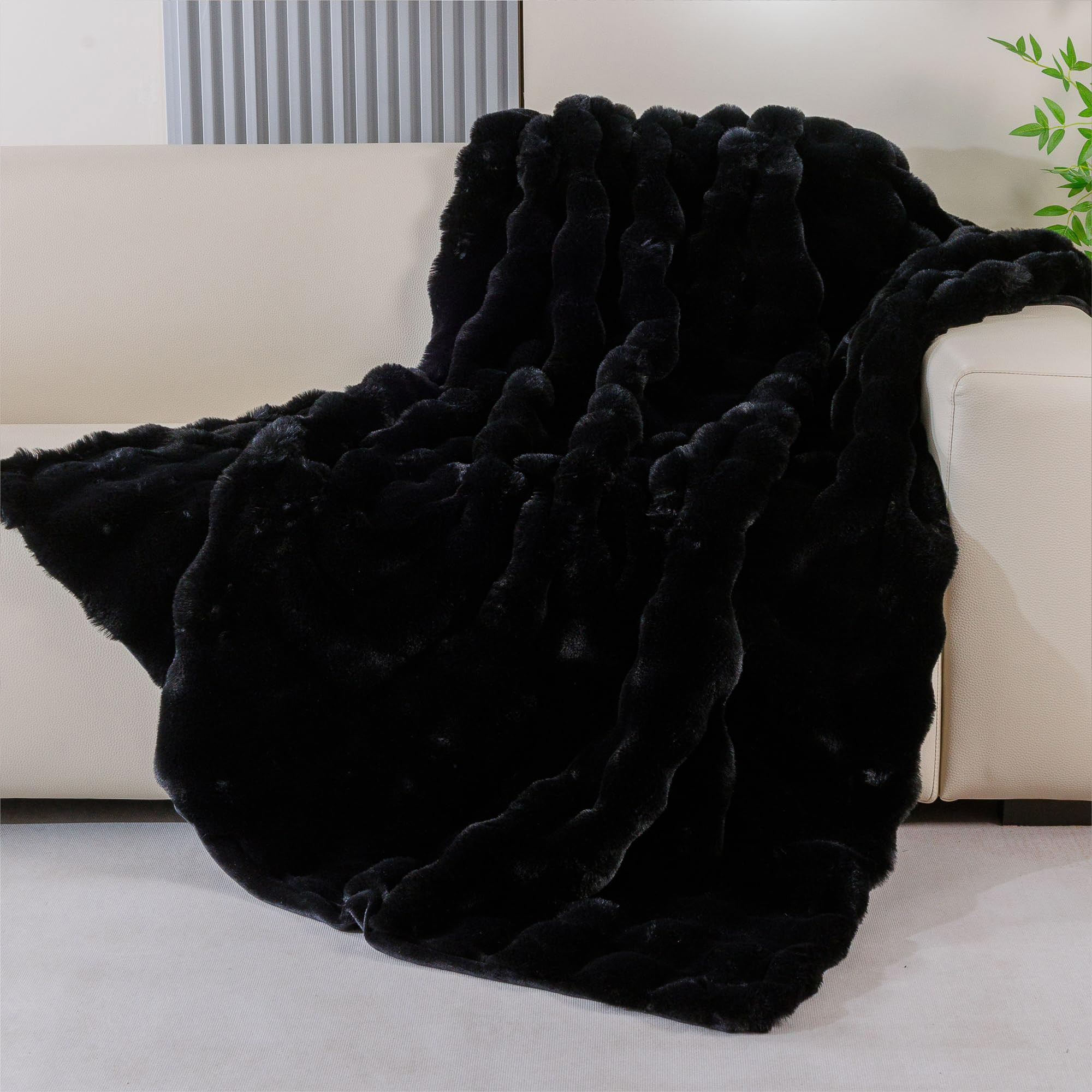 Fluffy Furry Black Faux Fur Throw Blanket for Couch Bed 50x60 Fuzzy Bubble Soft Blanket for Adult... | Amazon (US)
