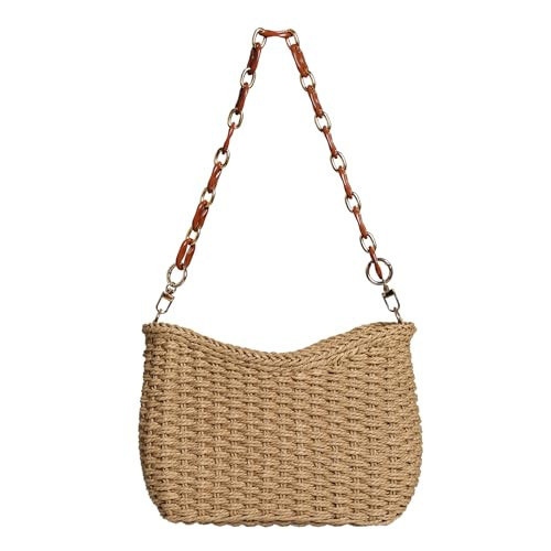 Straw Beach Bag for Women Shoulder Bags Woven Summer Travel Handmade Small Purse with Chain Brown | Amazon (CA)