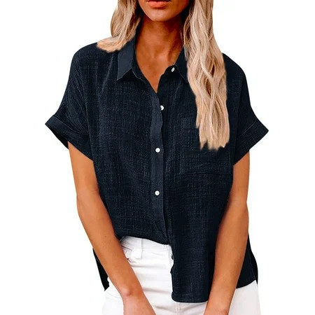 Hkibbfh Navy Linen Tops for Women Button Down Casual Summer Short Sleeve T-Shirt Oversize Solid Color Tops V Neck Trendy Blouses with Pockets M | Walmart (US)