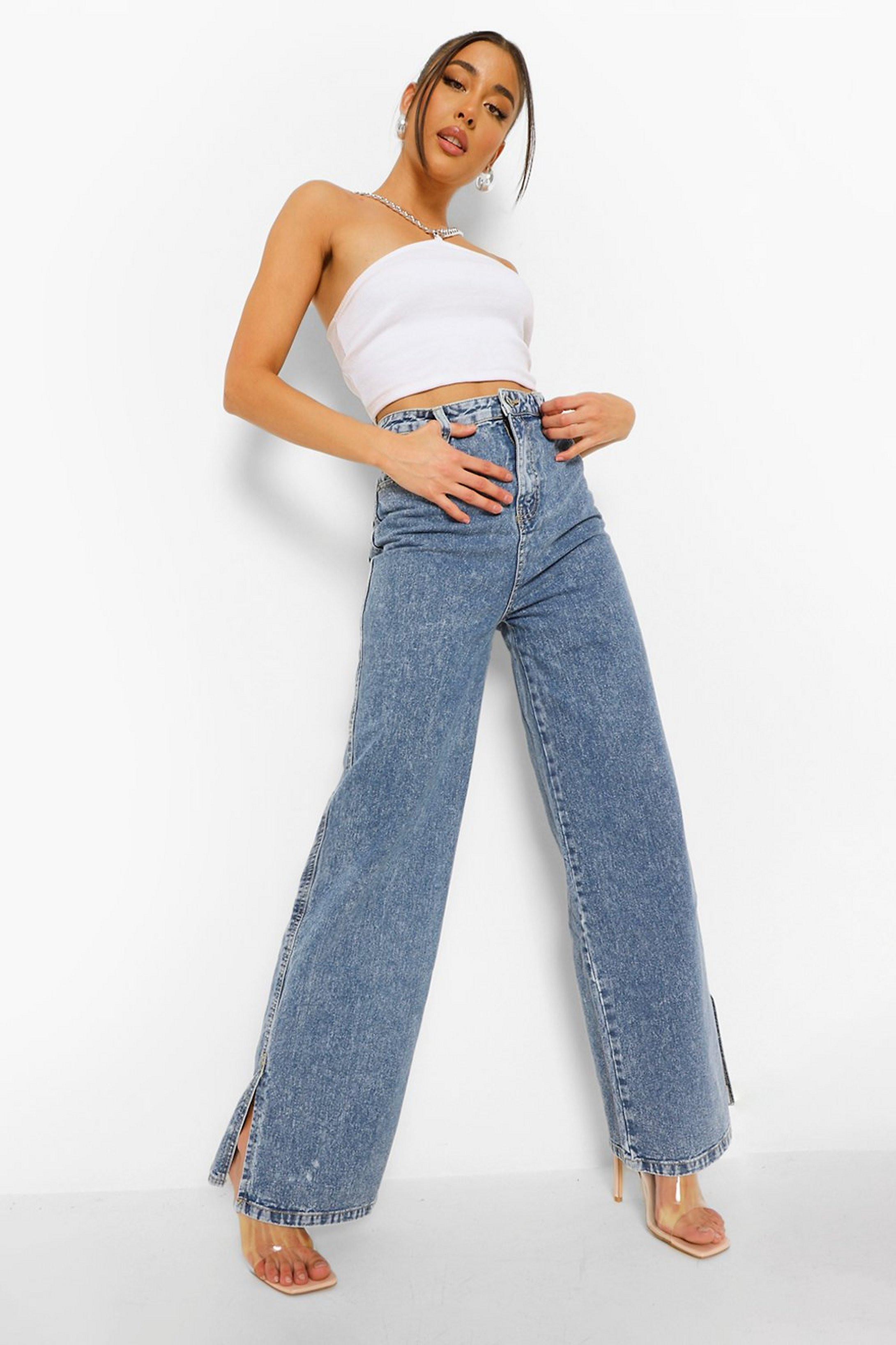 Vintage Wash Wide Leg Split Hem Jean | Boohoo.com (US & CA)