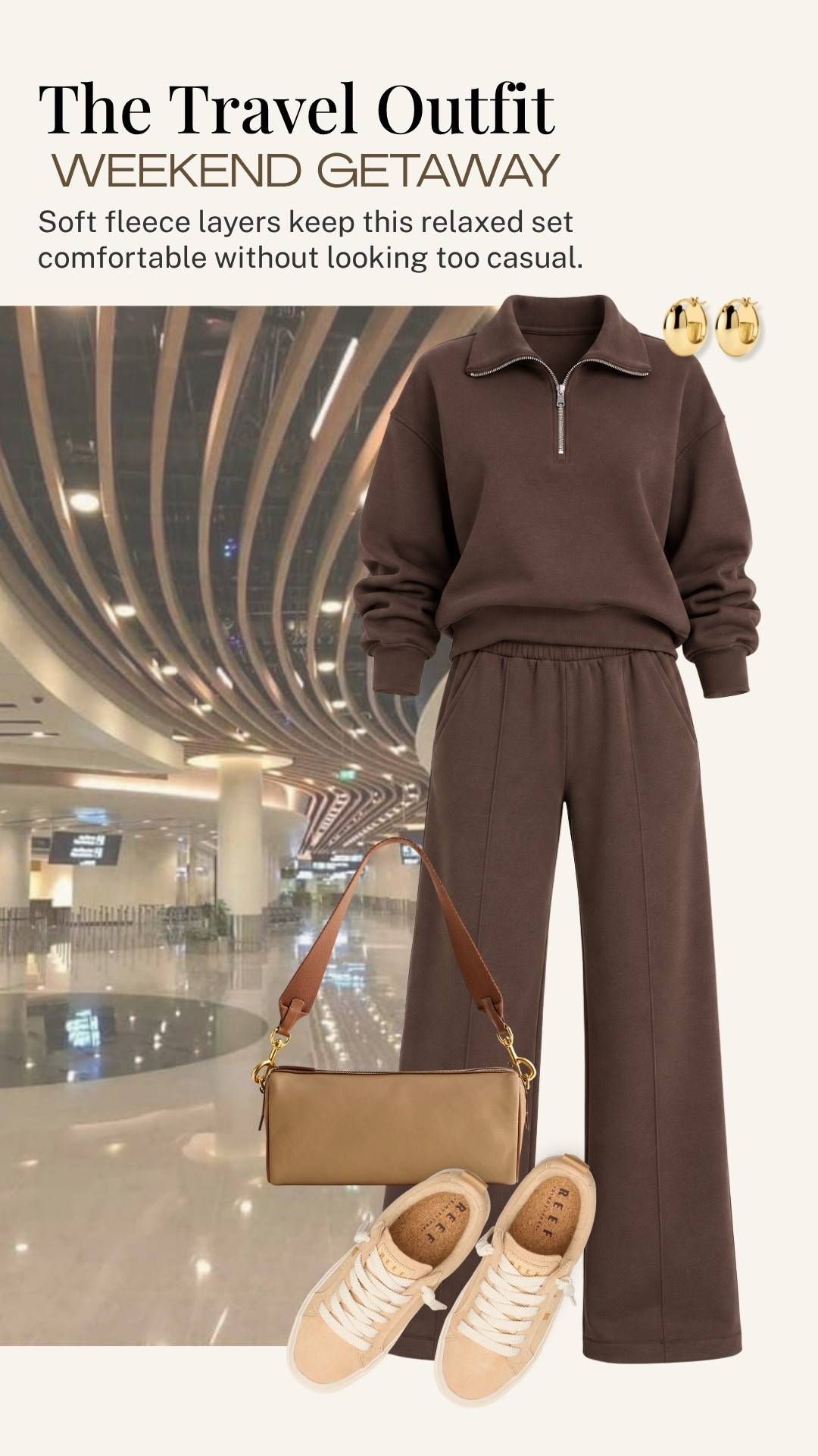 A soft fleece pullover and matching wide-leg pants make this travel outfit feel comfortable without looking too casual. I love the rich chocolate brown with neutral sneakers and a simple shoulder bag for a weekend getaway or a day of travel.

#LTKootd #LTKdayinmylife #LTKOver40