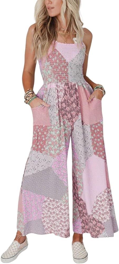 chouyatou Women's Wide Leg Smocked Jumpsuit Color Block Floral Print Sleeveless Romper Pants | Amazon (US)