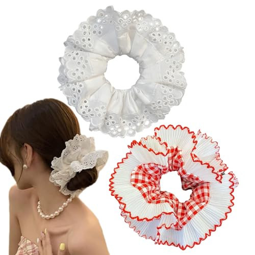 2 PCS White Large Lace Scrunchies for Women Oversized Scrunchy Hair Ties Satin Hair Scrunchies Ponytail Hair Holder Accessories for Women Girl Thick Curly | Amazon (US)