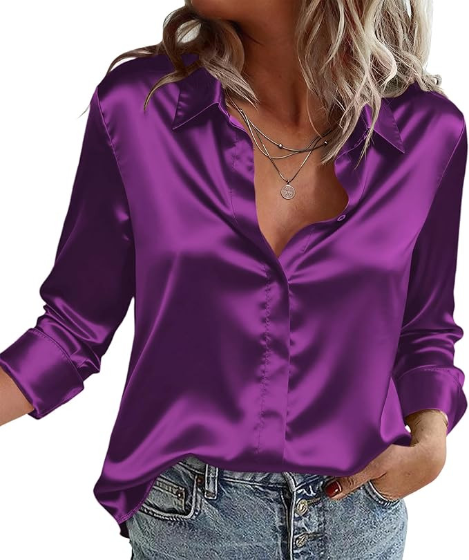 Zeagoo Satin Blouses for Women Casual Long Sleeve Button Down Silk Shirts Dressy Business Work Tu... | Amazon (US)