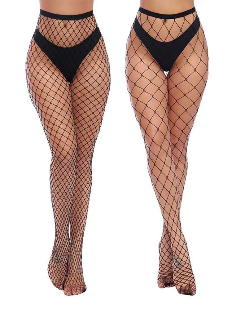 2pcs Black Sexy Hollow Elastic Nylon High Waist Fishnet Tights | SHEIN