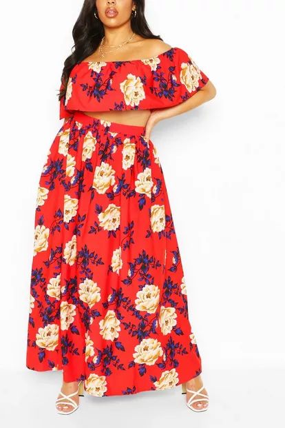 Plus Floral Print Off Shoulder Maxi Skirt Co-ord | Boohoo.com (UK & IE)