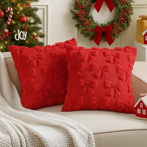 Mixweer Bow Pillow Covers Set of 2 Coquette Room Decor Cute Faux Fur Soft Bowknot Preppy Stuff Fluffy Plush Aesthetic Pillow Covers for Bed Sofa Couch, Fall Christmas Decor(18 x 18 Inch,Red) | Amazon (US)