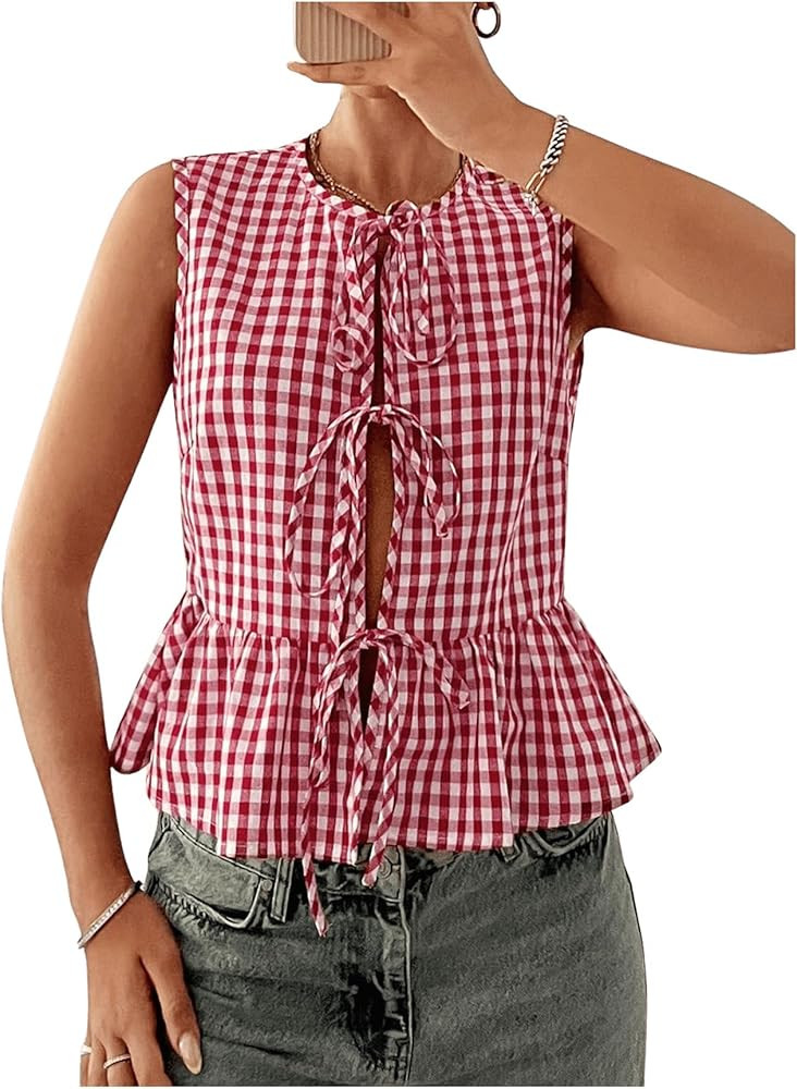 Verdusa Women's Gingham Plaid Peplum Blouse Y2K Bow Tie Sleeveless Going Out Tank Tops | Amazon (US)