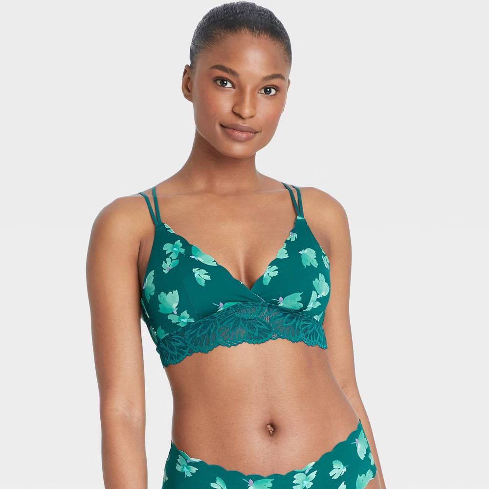 Women's Scallop Bralette - Auden Teal Butterflies XS, Blue/Butterflies | Target