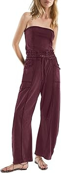 Amazon.com: LAMISSCHE Womens Casual Strapless Jumpsuits off the Shoulder Summer Rompers Sleeveles... | Amazon (US)