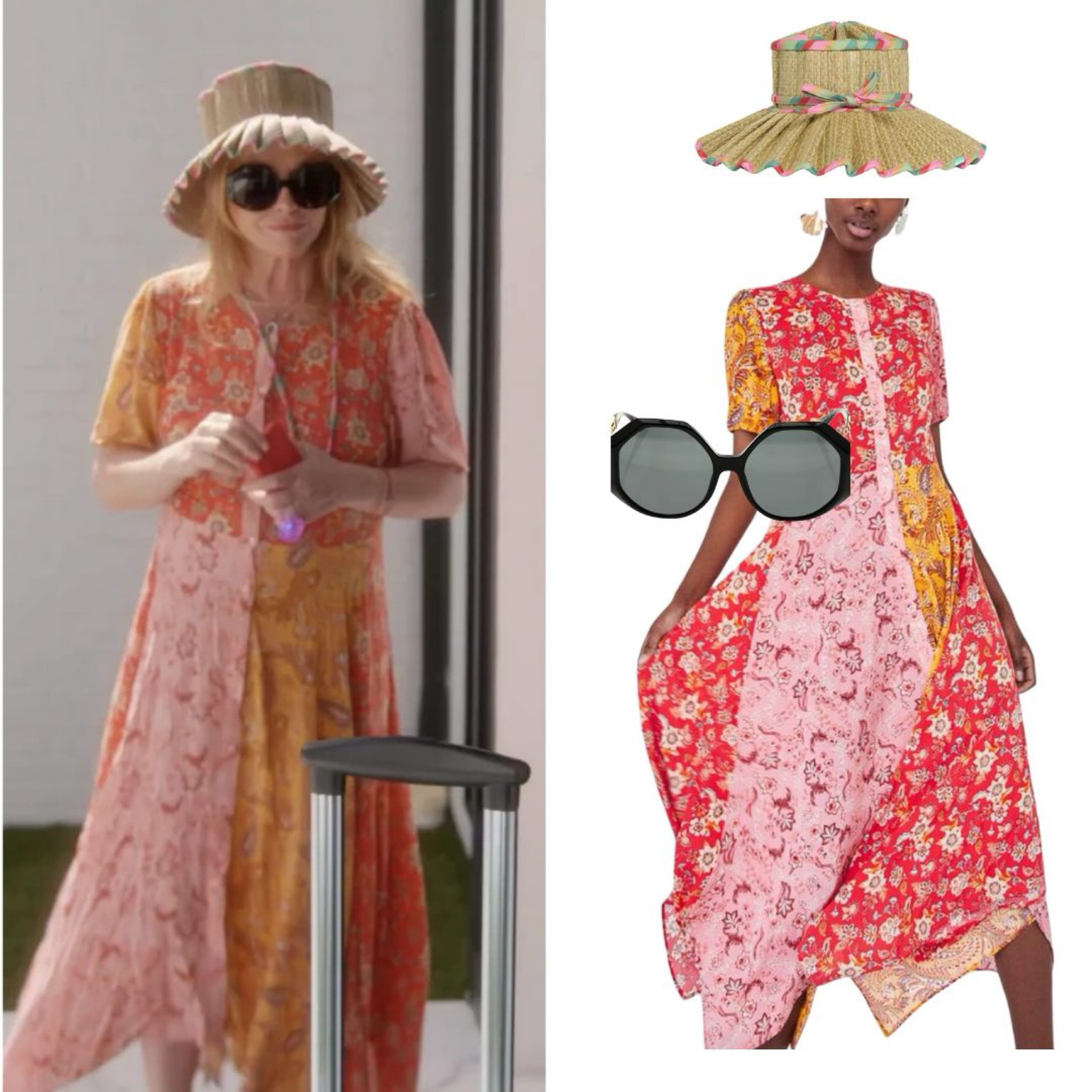 Kathy Hilton’s Short Sleeve Printed Maxi Dress and Hat. Hat by Lorna Murray 
