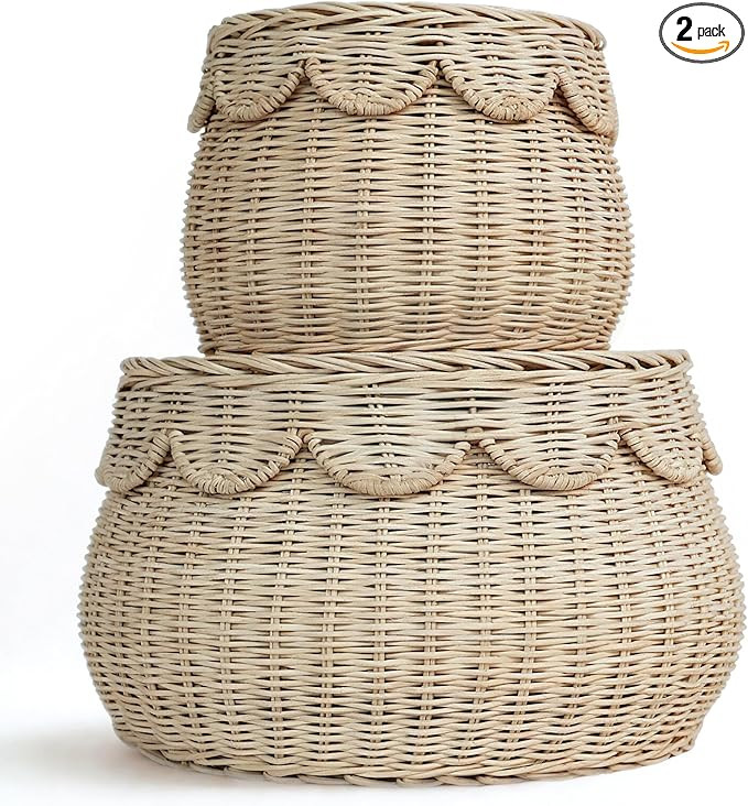 Scalloped Basket Set of 2 Small Natural Rattan Decorative Storage Baskets with Lids - Round Shape... | Amazon (US)