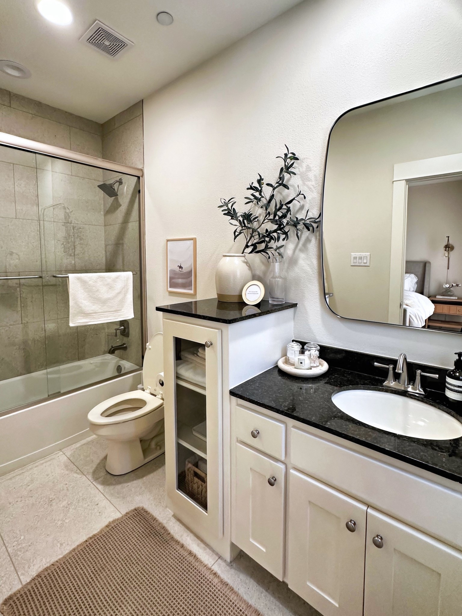 Simple + serene guest bath vibes 🫧 Neutral tones, fresh greenery, and sleek black countertops create a spa-like feel for visitors. Linked my favorite accessories, storage finds & decor touches to make any small bath feel luxe and welcoming!

Also highly recommend printing out your WiFi and password to make it extra hotel like 

#LTKHome