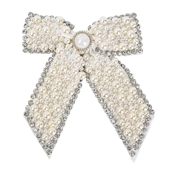 Large Pearl Rhinestone Hair Bow Clips- Full Sparkling Pearls with Crystal Stone Around Handmade M... | Amazon (US)