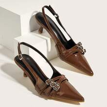 Wedding Party Style Sexy Brown High Heel Shoes With Patent Leather Pointed Toe And Thin Heel Strap With Metal Buckle | SHEIN