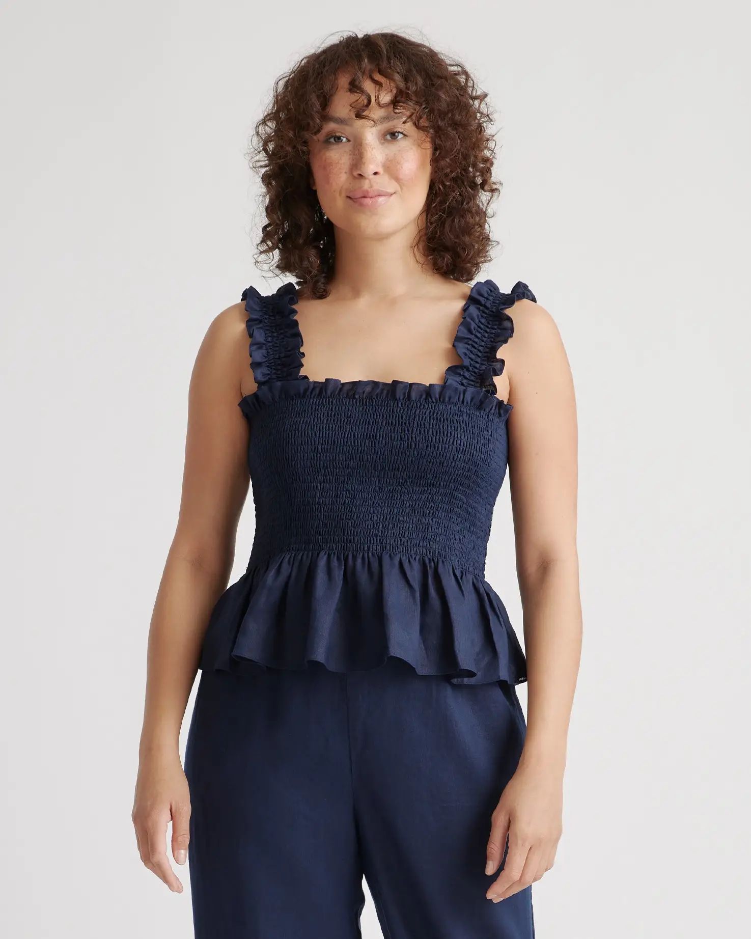 100% European Linen Smocked Peplum Tank | Quince