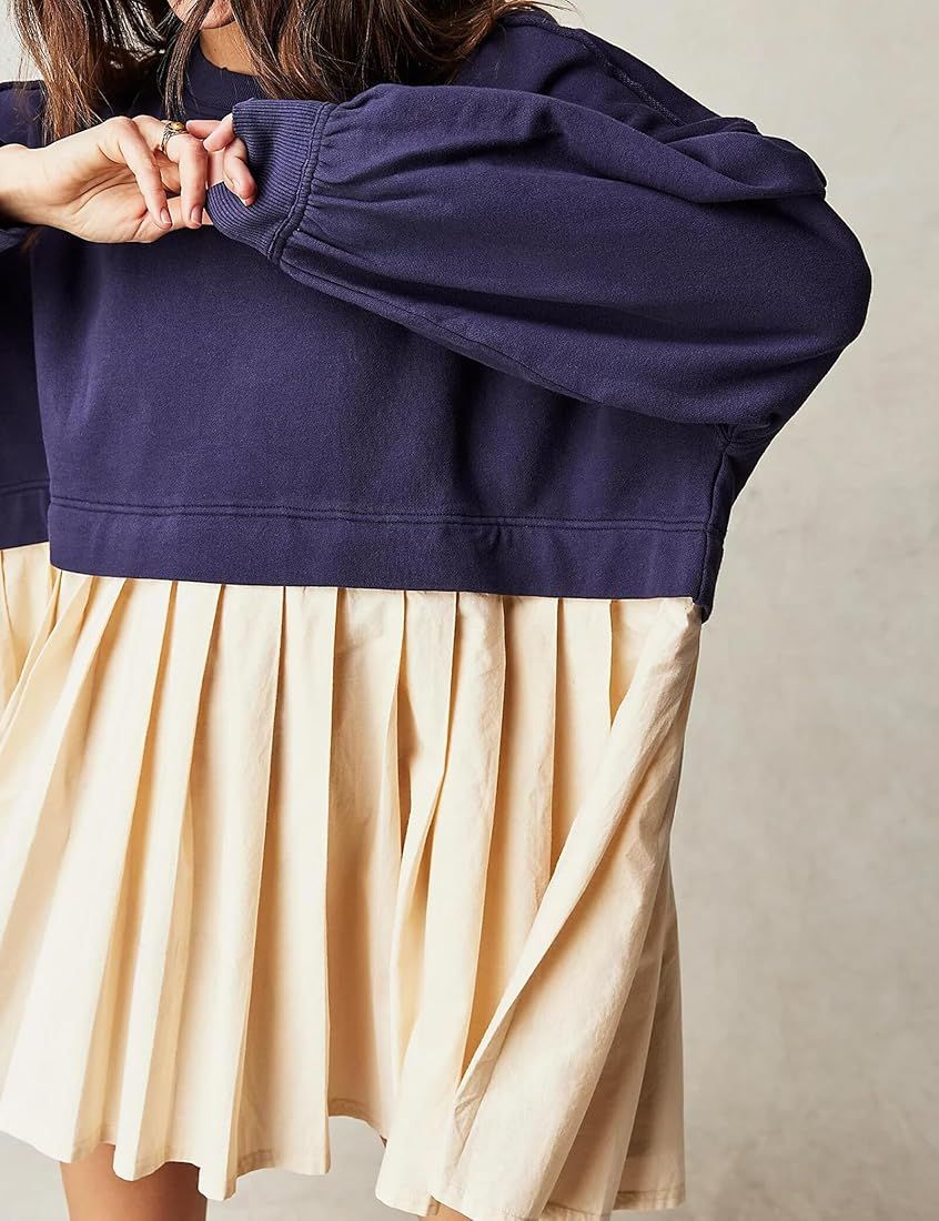 Women's Oversized Sweatshirt Dress Long Sleeve Patchwork Pullover Flowy Pleated Sweatshirts Mini ... | Amazon (CA)