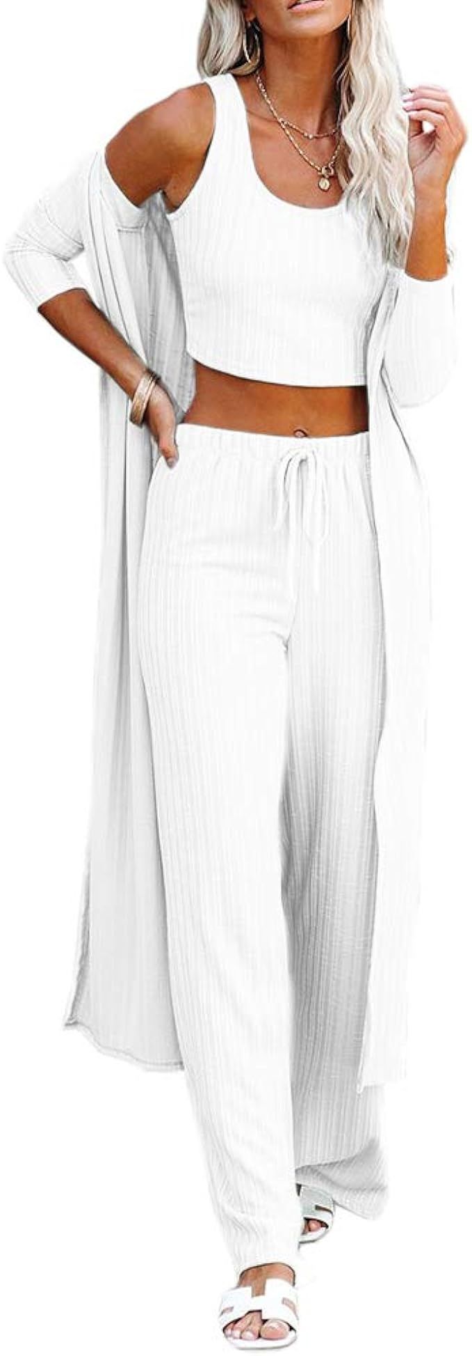 Womens Pajamas Set Fall 3 Piece Loungewear Set Crop Vest Top Loose Pants and Cardigan Knitwear Ju... | Amazon (US)
