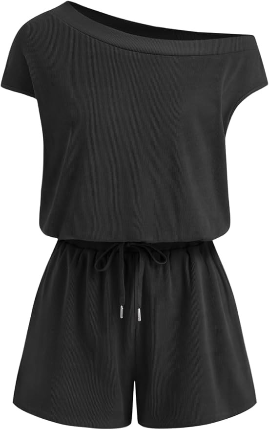 CIDER Rompers for Women One Shoulder Drawstring Short Sleeve Asymmetrical Romper Casual Knit Jump... | Amazon (US)