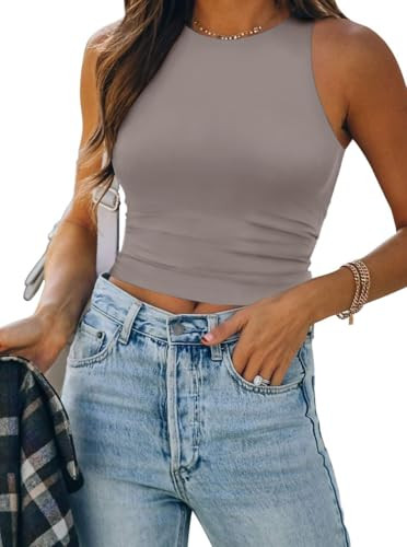 ATHMILE Womens Sleeveless Halter Neck Double Lined Casual Basic Tank Crop Tops Workout Summer Clothes Teen Girls Grey Purple | Amazon (US)