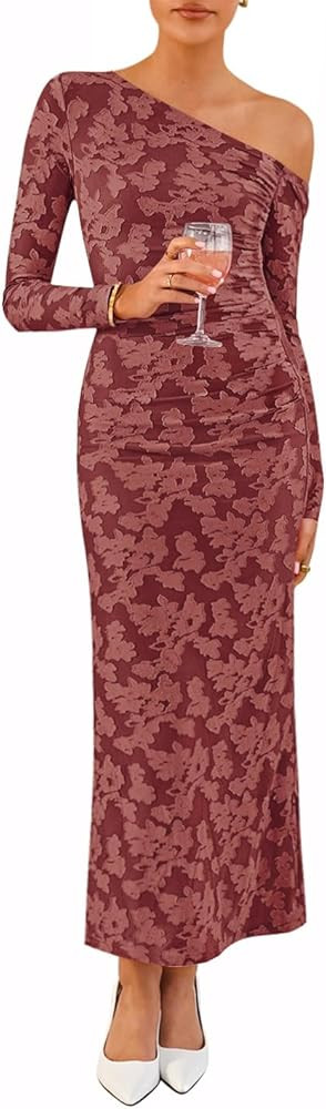 ZESICA Women's Fall Floral Off Shoulder Bodycon Maxi Dresses 2025 Long Sleeve Ruched Elegant Cock... | Amazon (US)