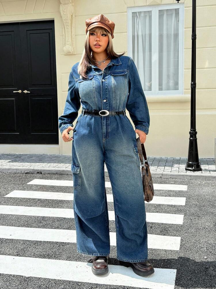 SHEIN ICON Plus Size Women Street Style K-Pop Girl Group Inspired Vintage Washed Denim Jumpsuit | SHEIN