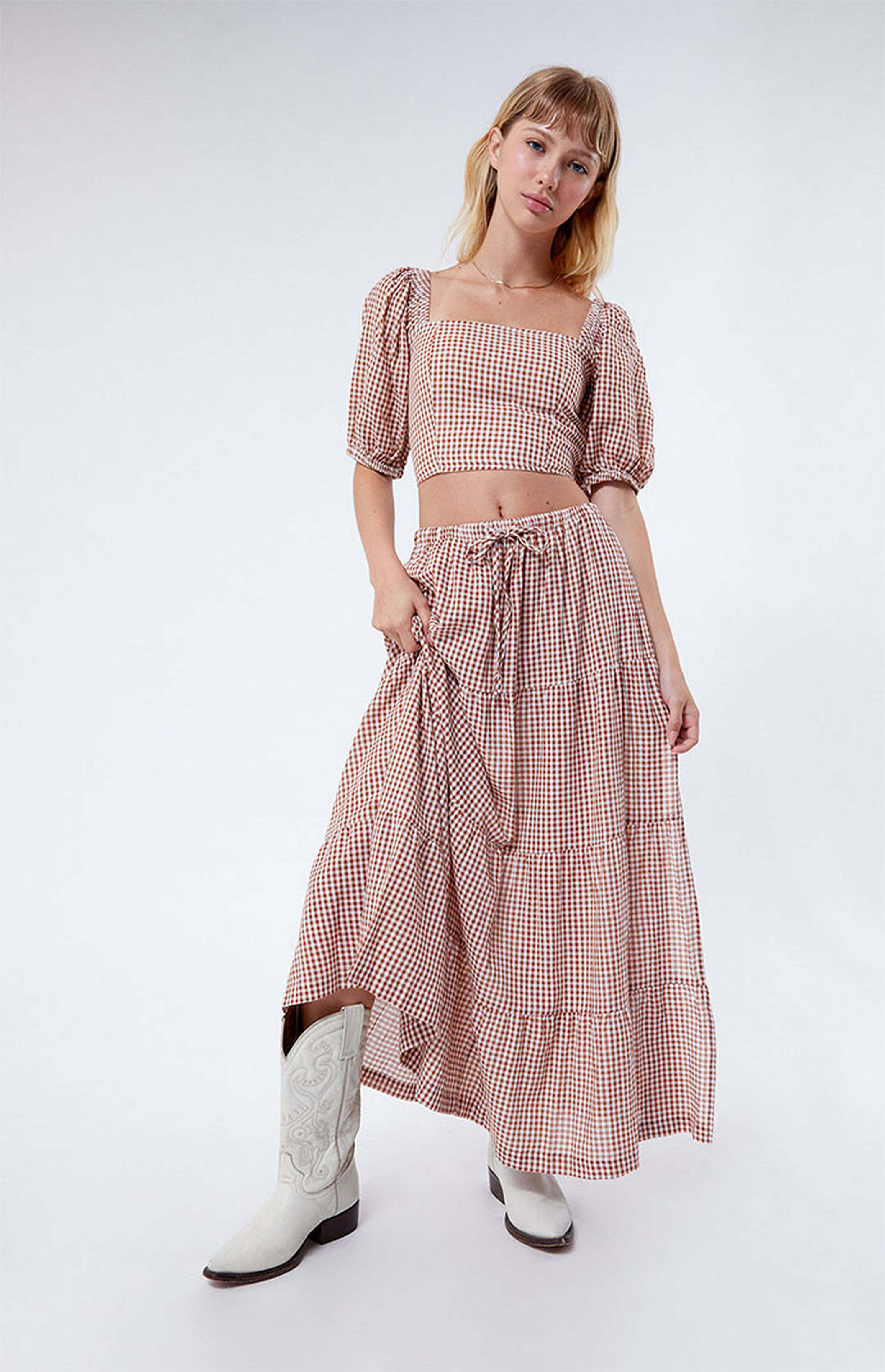 Rhythm Lola Gingham Tiered Midi Skirt | PacSun