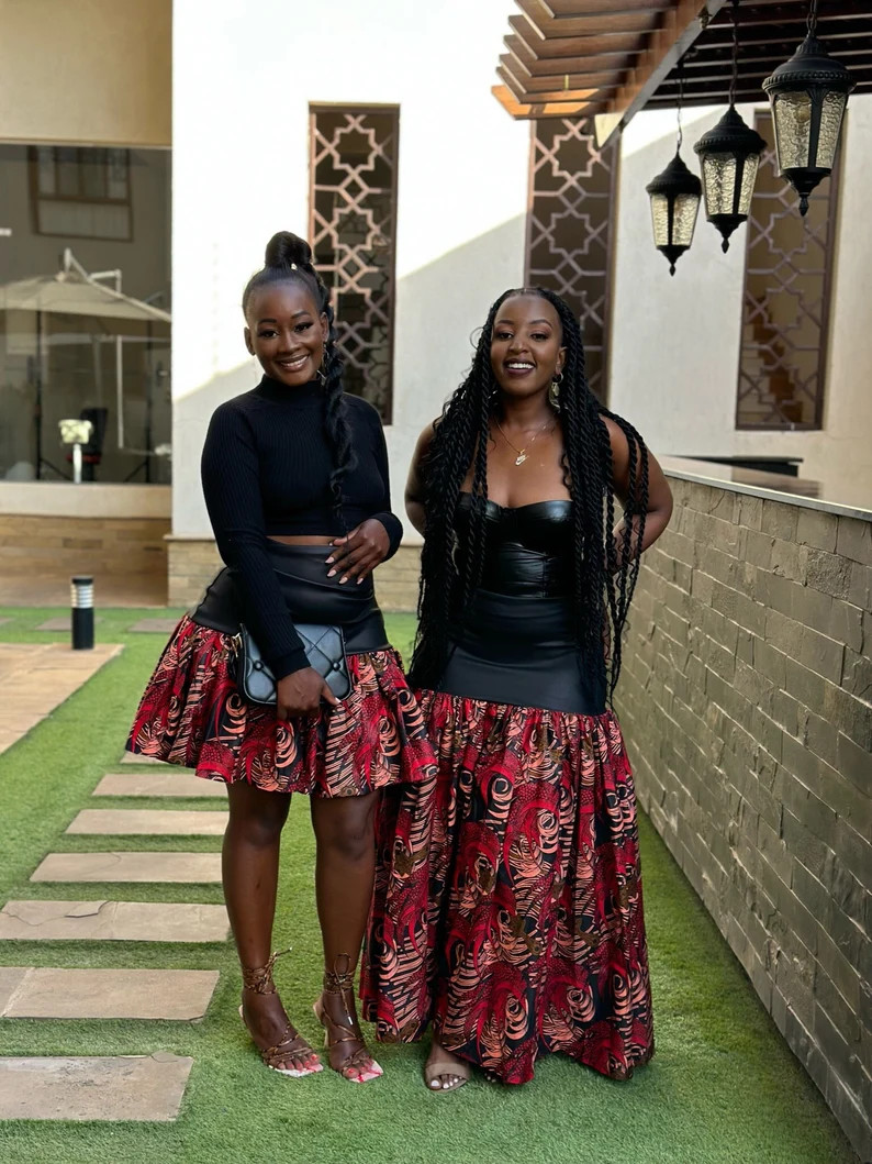 Faux Leather Ankara Mix Skirt, Ankara Skirt, African Fabric Skirt, Maxi Skirt, Flared Skirt, Roun... | Etsy (US)