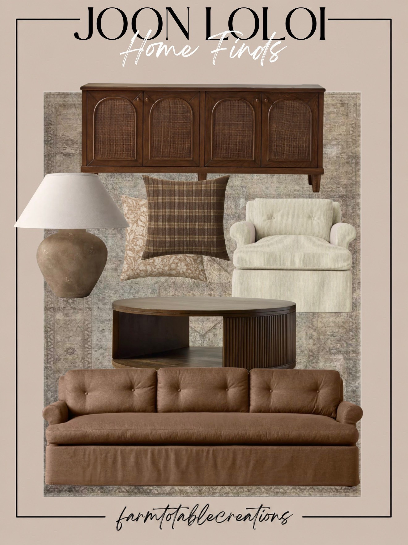Joon Loloi Home Finds 🤎

Warm woods, soft neutrals, vintage-inspired patterns, and cozy textures—these JoJo Lolo finds have that effortlessly collected look I love. The rich wood console and coffee table add so much warmth, while the neutral seating, muted rug, and layered pillows keep everything soft and inviting.

Follow @farmtotablecreations on Instagram for more cozy home finds and trending decor.

This entire collection feels perfect for transitioning into fall without going overly seasonal. Timeless, cozy pieces you can style now and enjoy year-round.

#LTKHome #JoJoLolo #JoJoLoloHome #HomeFinds #HomeDecor #CozyHome #FallHome #NeutralHome #WarmNeutrals #LivingRoomDecor #HomeInspo #DesignerInspired #CozyDecor #InteriorInspo #HomeStyling

#LTKHome