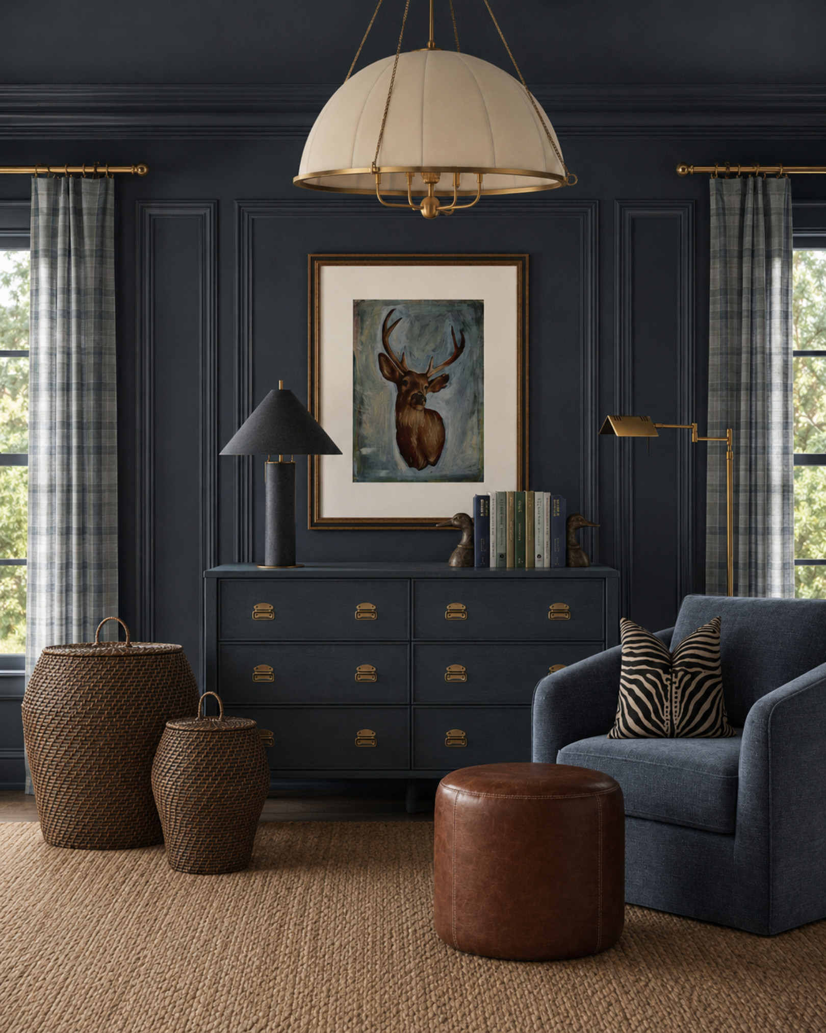 Moody interiors done right. ✨

The inky blue walls, warm brass accents, woven textures, and rich leather details create a space that feels both sophisticated and inviting. I love how the tailored plaid drapery and classic furnishings add just enough tradition while the saturated color keeps everything feeling fresh and dramatic.

If you're looking to embrace color without sacrificing timeless style, this is your sign to go bold. The layered textures and collected details make this room feel cozy, elevated, and endlessly livable.

I may receive a commission from purchases made through my links.

#LTKHome