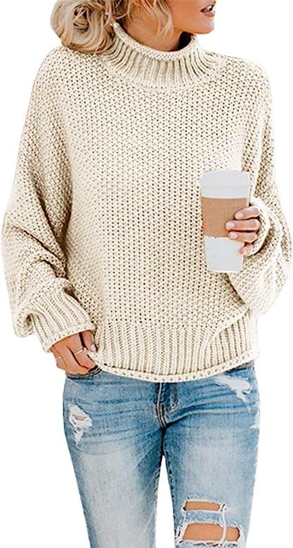 Womens Turtleneck Oversized Sweaters Batwing Long Sleeve Pullover Loose Chunky Knit Jumper | Amazon (US)