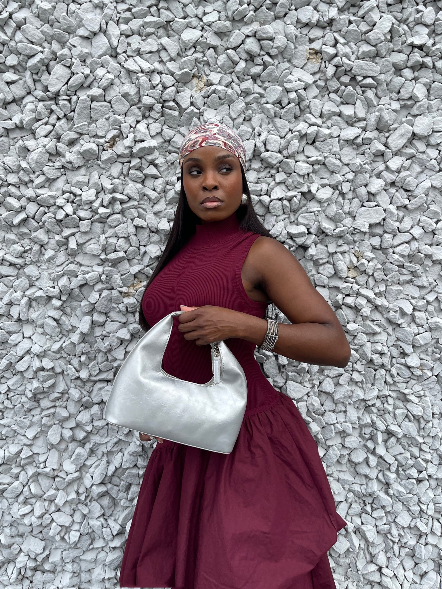 Amur midi burgundy Bordeaux elegant event dress asymmetrical drop waist dress paisley print scarf elegant outfit idea fall and spring dress 