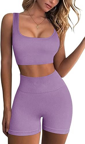 OLCHEE Women's Sexy 2 Piece Workout Outfits - Seamless Ribbed Leggings and Square-cut Sports Bra Yog | Amazon (US)