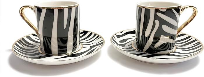Mazeology Espresso Cups Zebra Bone China 2 Sets Cups and Saucers Black and White with Gold Accent... | Amazon (US)