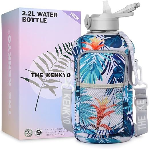 Half Gallon Water Bottle with Storage Sleeve KENKYO BPA FREE 74 ounce (2.2 Liter) Large Water Jug... | Amazon (US)