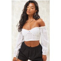 White Broderie Off The Shoulder Puff Sleeve Crop Top | PrettyLittleThing CAN