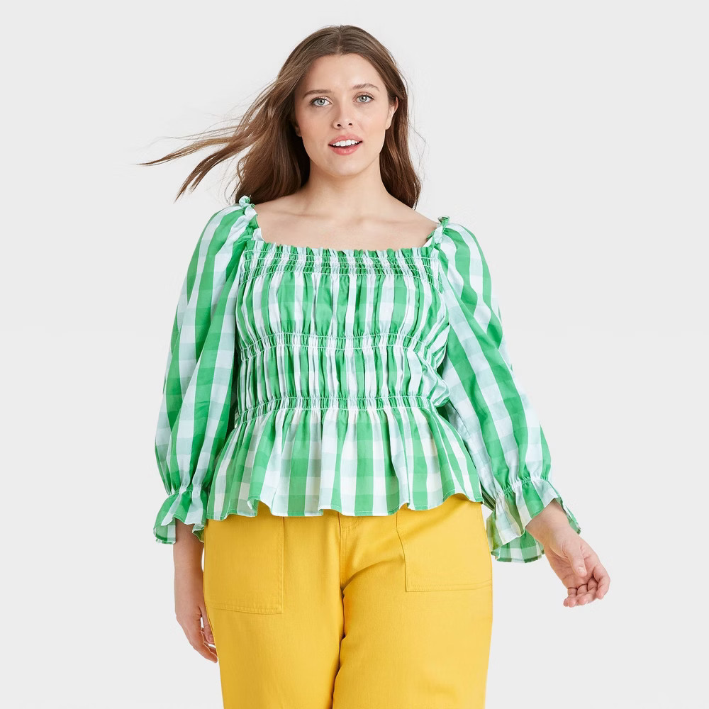 Women's Plus Size Gingham Print Puff 3/4 Sleeve Smocked Peplum Top - Who What Wear Green 2X | Target