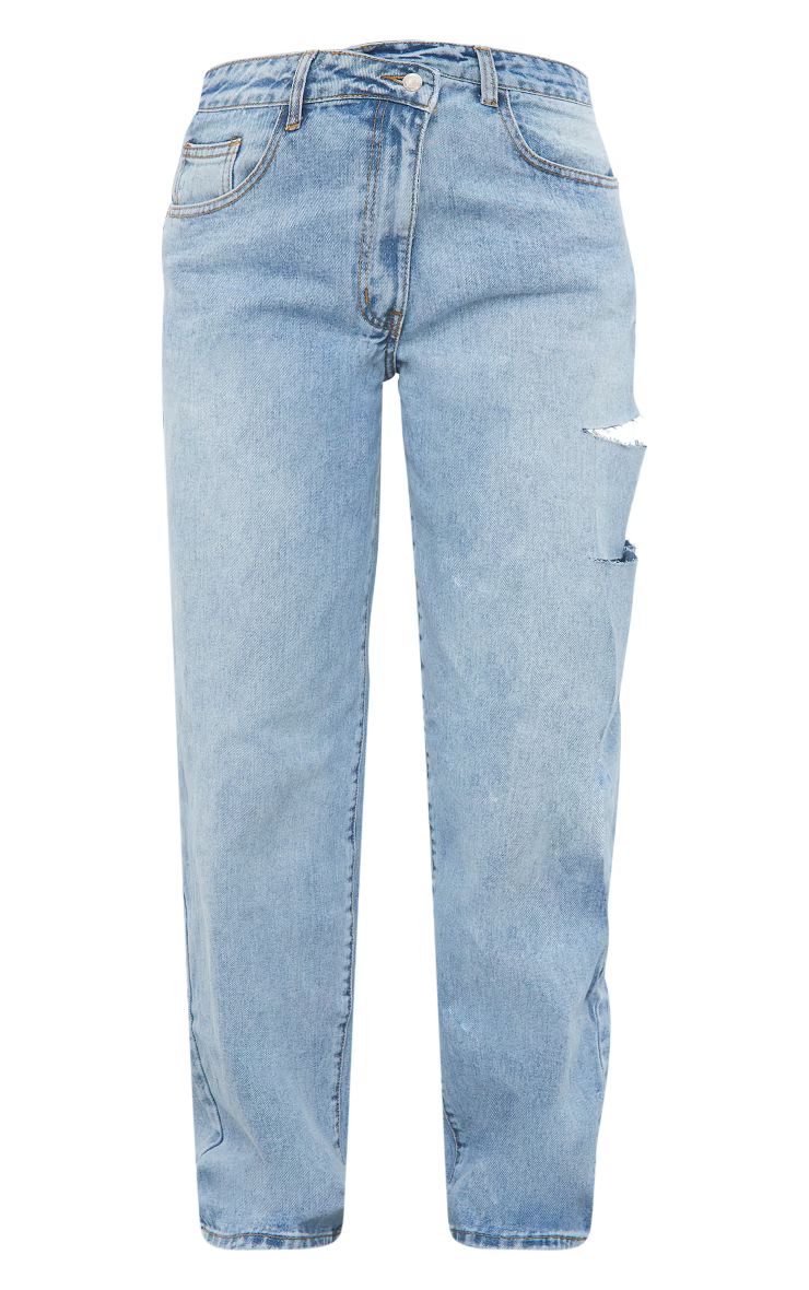 Light Blue Wash Asymmetric Waistband Baggy Low Rise Thigh Split Boyfriend Jeans | PrettyLittleThing US