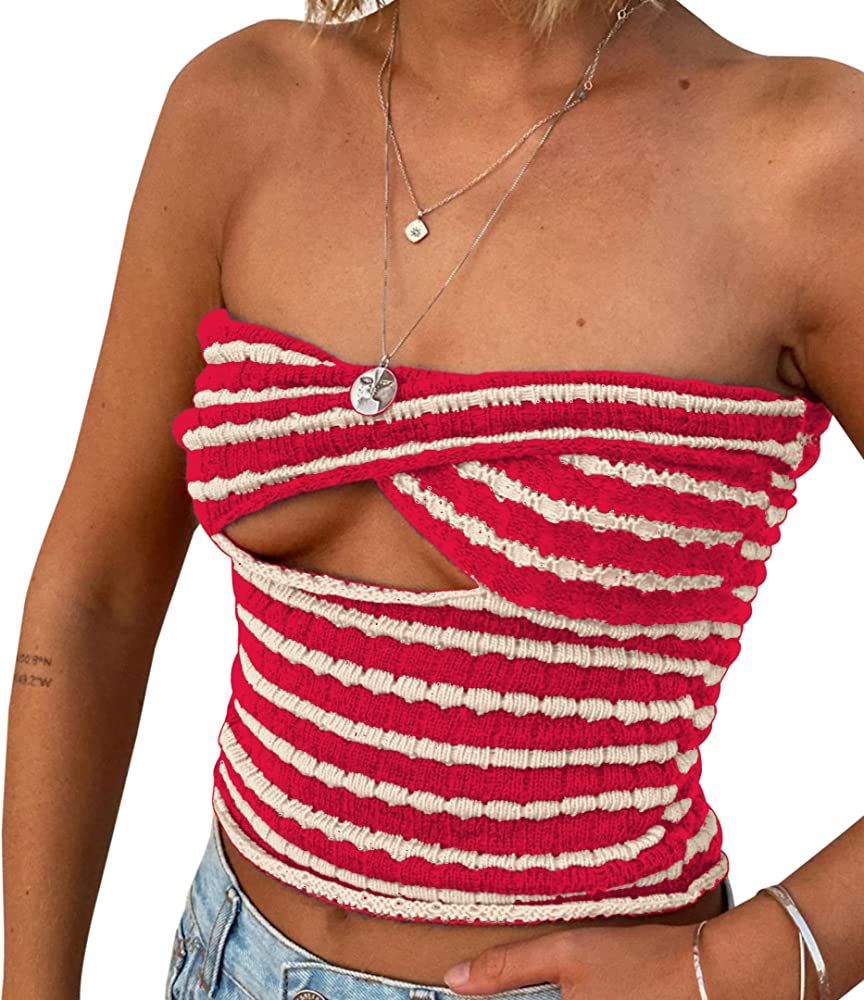 Meladyan Women Y2K Twist Front Striped Cutout Knitted Crop Tube Top Bandage Strapless Sleeveless Ban | Amazon (US)