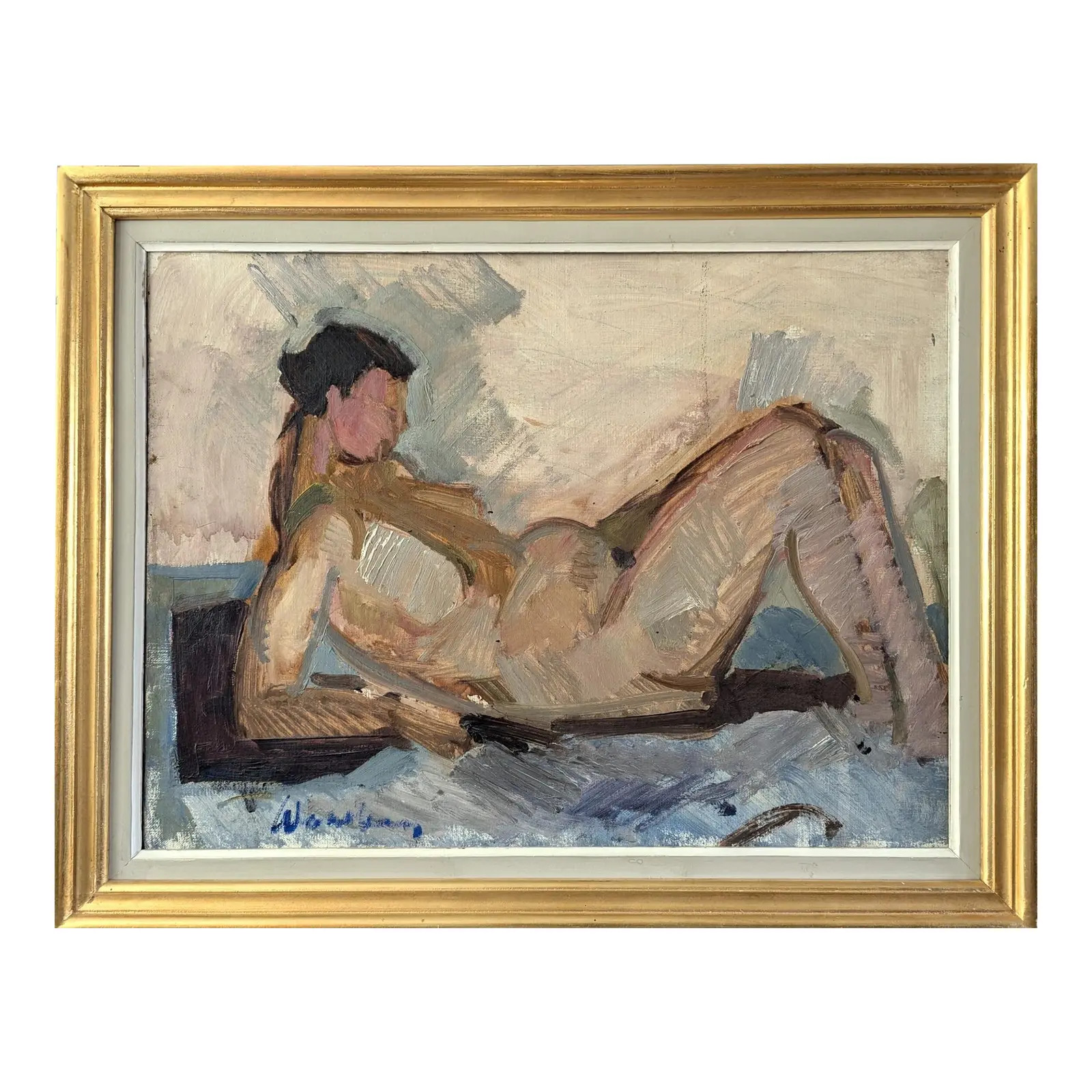 Mid-Century Modern 'The Expectant Nude' Vintage Original Figurative Portrait Oil Painting, Framed | Chairish